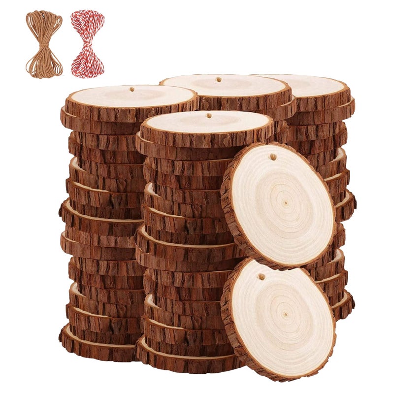 TICIOSH Natural Wood Slices TICIOSH 50 Pcs 2.4-2.8 inches Craft Unfinished Wood kit Predrilled with Hole Wooden Circles for DIY Crafts Wedding Decorations Christmas Ornaments Arts Wood Slices - Image 1